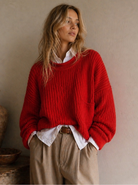 Vintage Sweaters - Vintage Knit Chunky Cotton Sweater | Poppy Red | Free Size